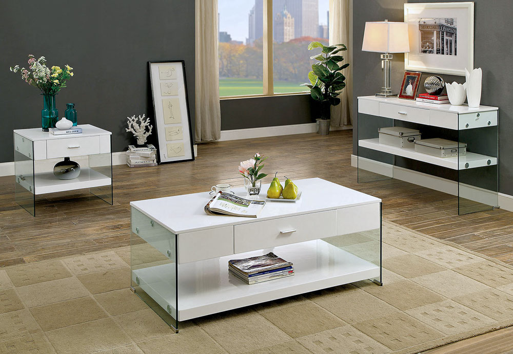 Preva White Lacquer Coffee Table, Lacquer Side Table With Drawer