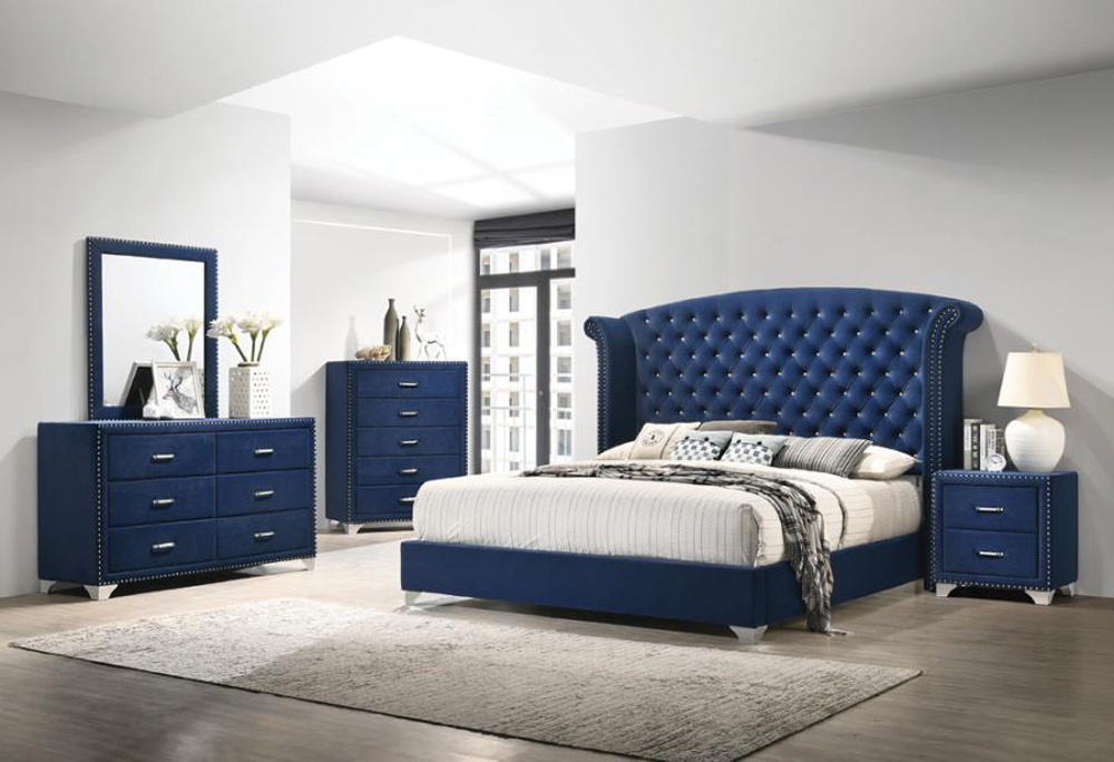 Sierra Navy Velvet Upholstered Bed, Dark Blue Dresser Set