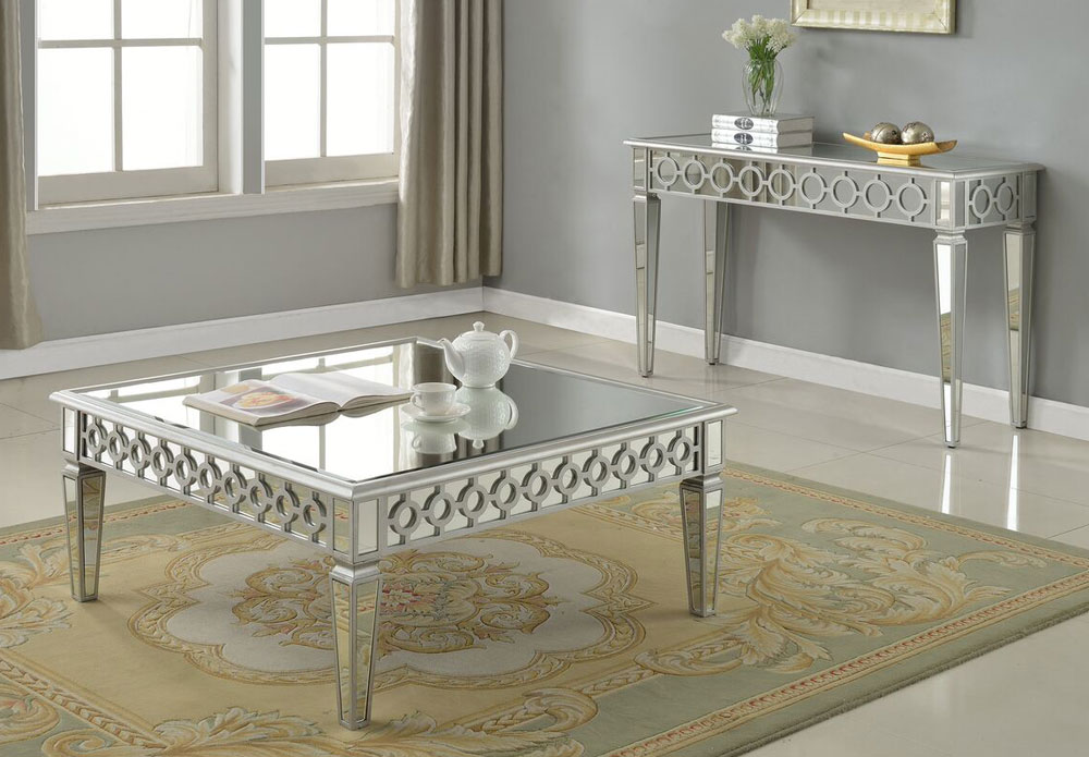 Sophie Mirrored Coffee Table, Sophie Silver Mirrored Dining Room Table And Chairs