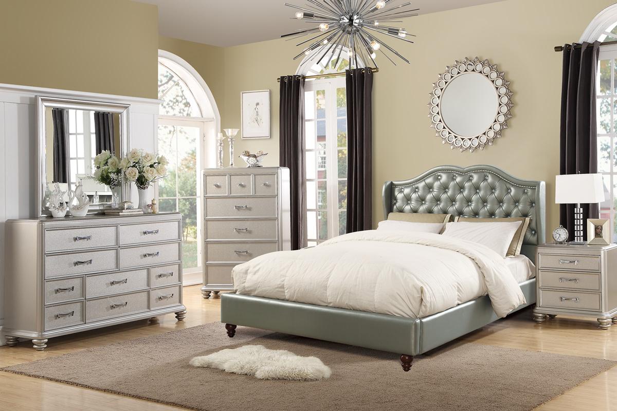 Varada Silver Leather Winged Platform Bed, Silver Leather Bed