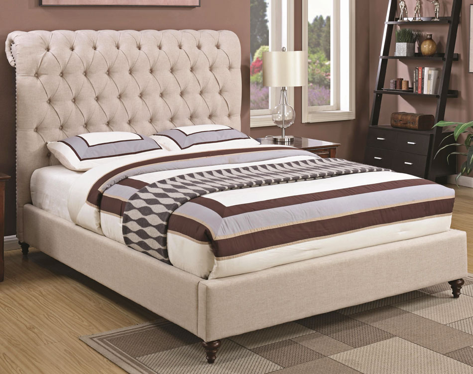 Velma Beige Linen Upholstered Bed, Linen Tufted Headboard Bedroom