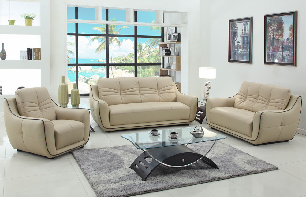 Volos Beige Leather Modern Sofa, Beige Leather Sofa And Loveseat Set